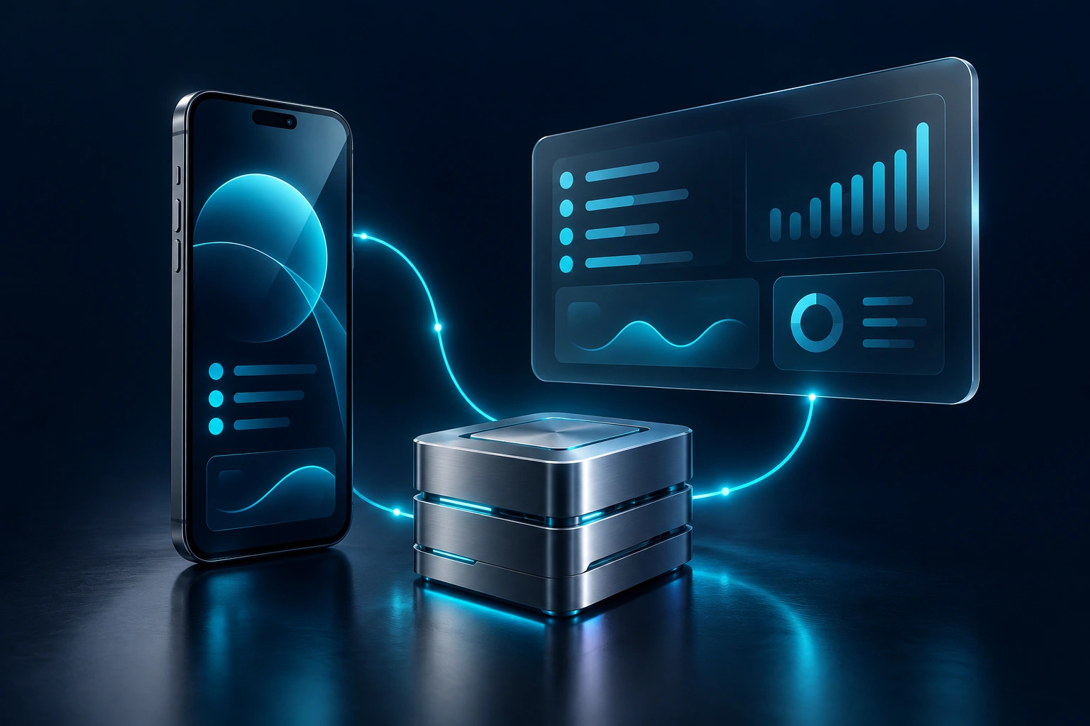 Ilustración de una aplicación móvil, un panel de software y un núcleo de cómputo conectados por líneas de luz cian